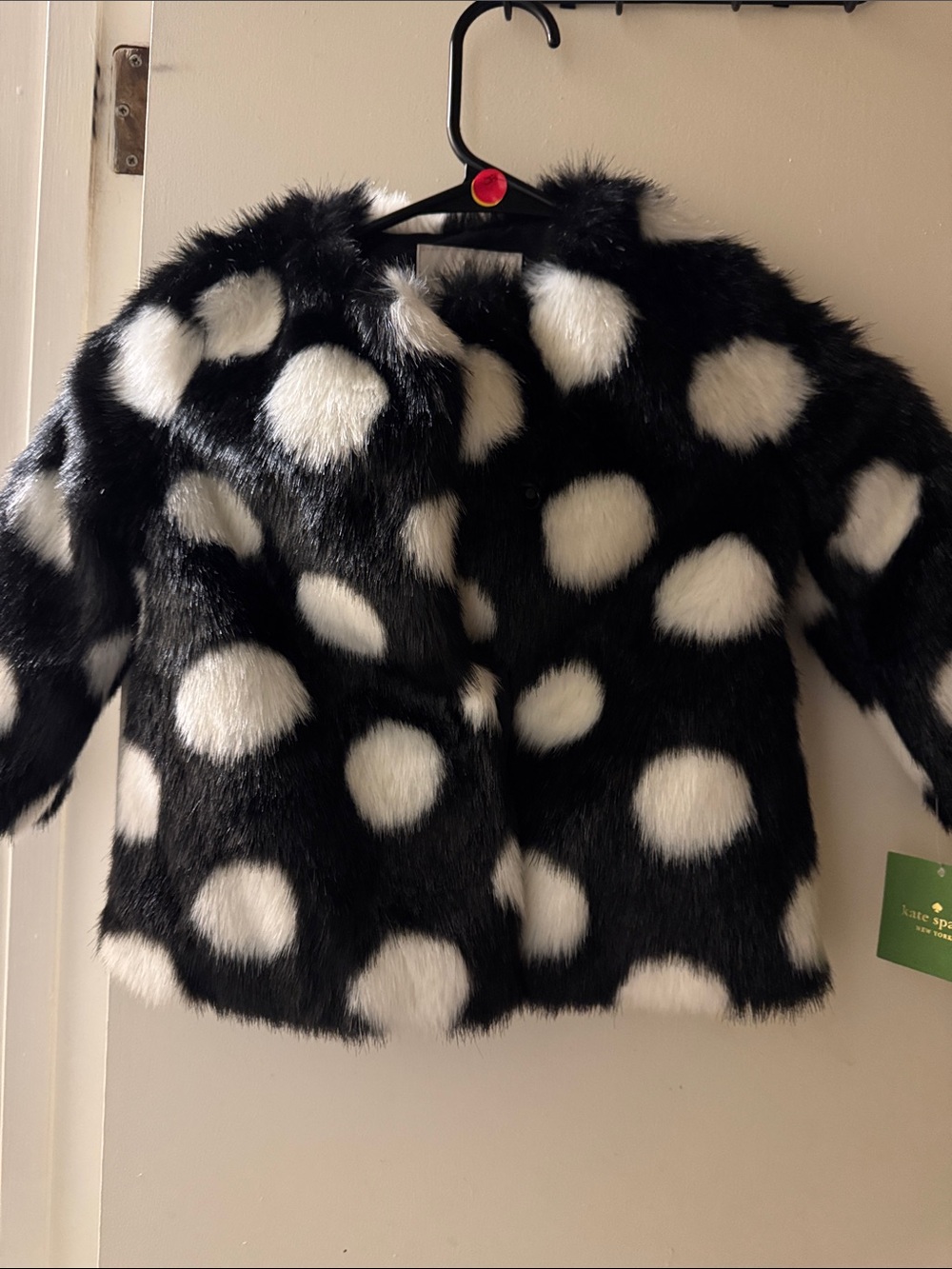 kate spade Black and White Polka Dot Faux Fur Pea Coat